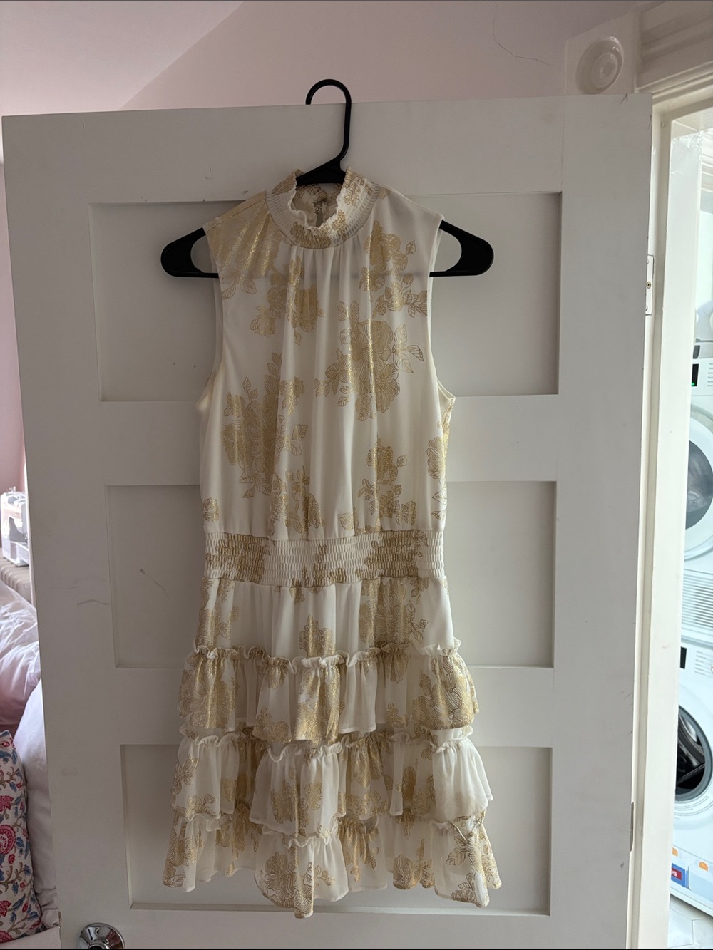 MSK Cream Dress with Gold Floral Print and Tiered Ruffles